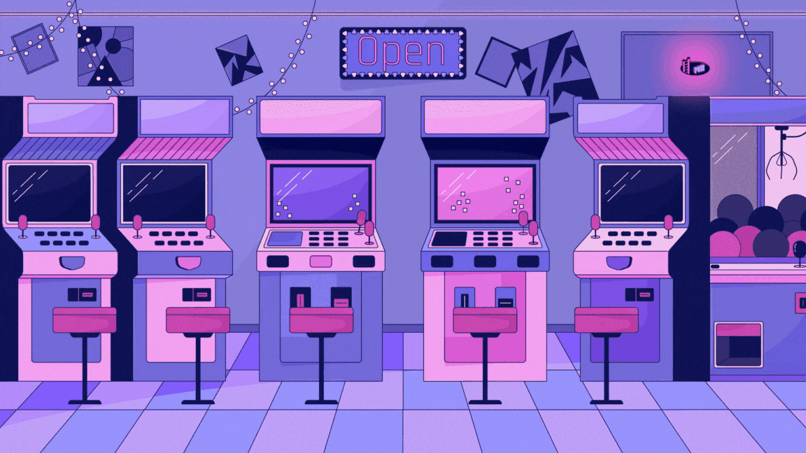 Cartoon row of purple and pink arcade machines with a bright Open sign
